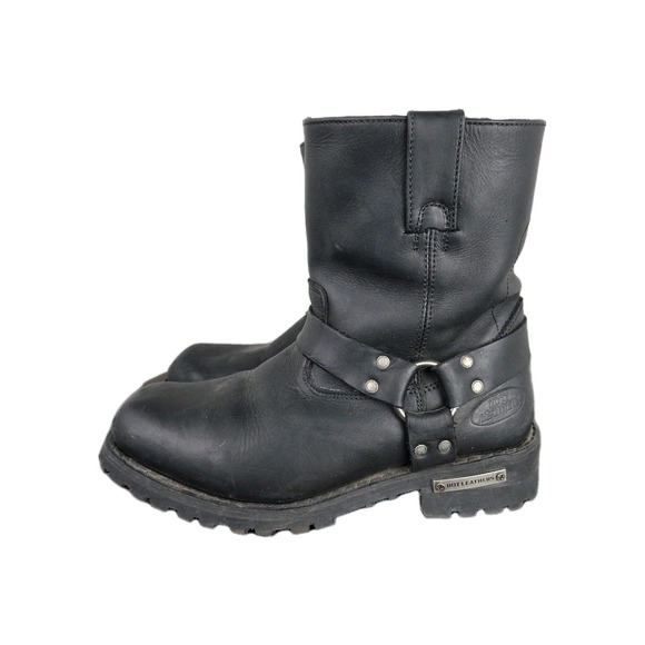 Hot leather mens black motorcycle buckle harness boots size 9.5 M Harley riding